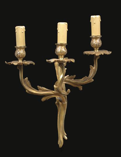 Appraisal: Pair of French Gilt-Lacquered Brass Three-Light Appliques in the Regence