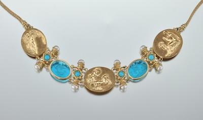 Appraisal: A Venetian Blue Glass Intaglio Turquoise Pearl and Gold Necklace