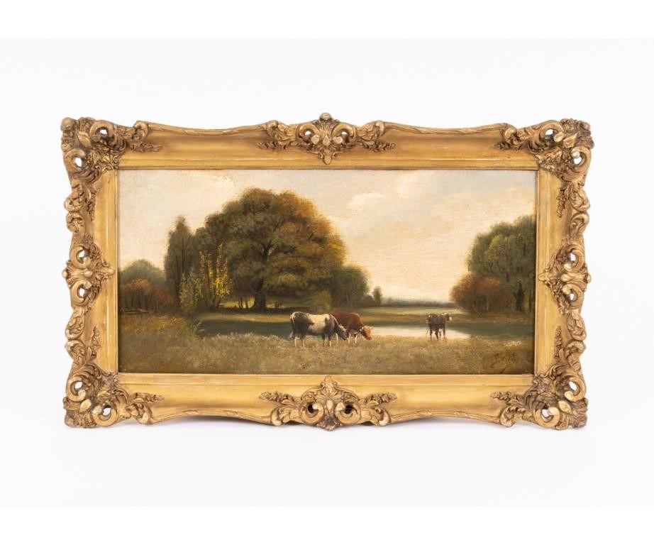 Appraisal: Oil on canvas of grazing cows late th c signed