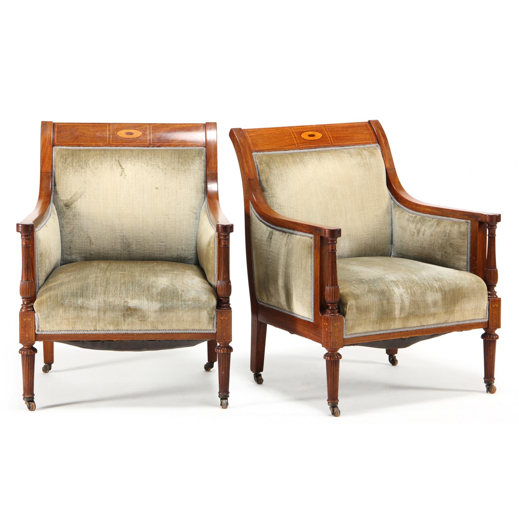 Appraisal: Pair of Edwardian Inlaid Arm Chairs circa mahogany crest with