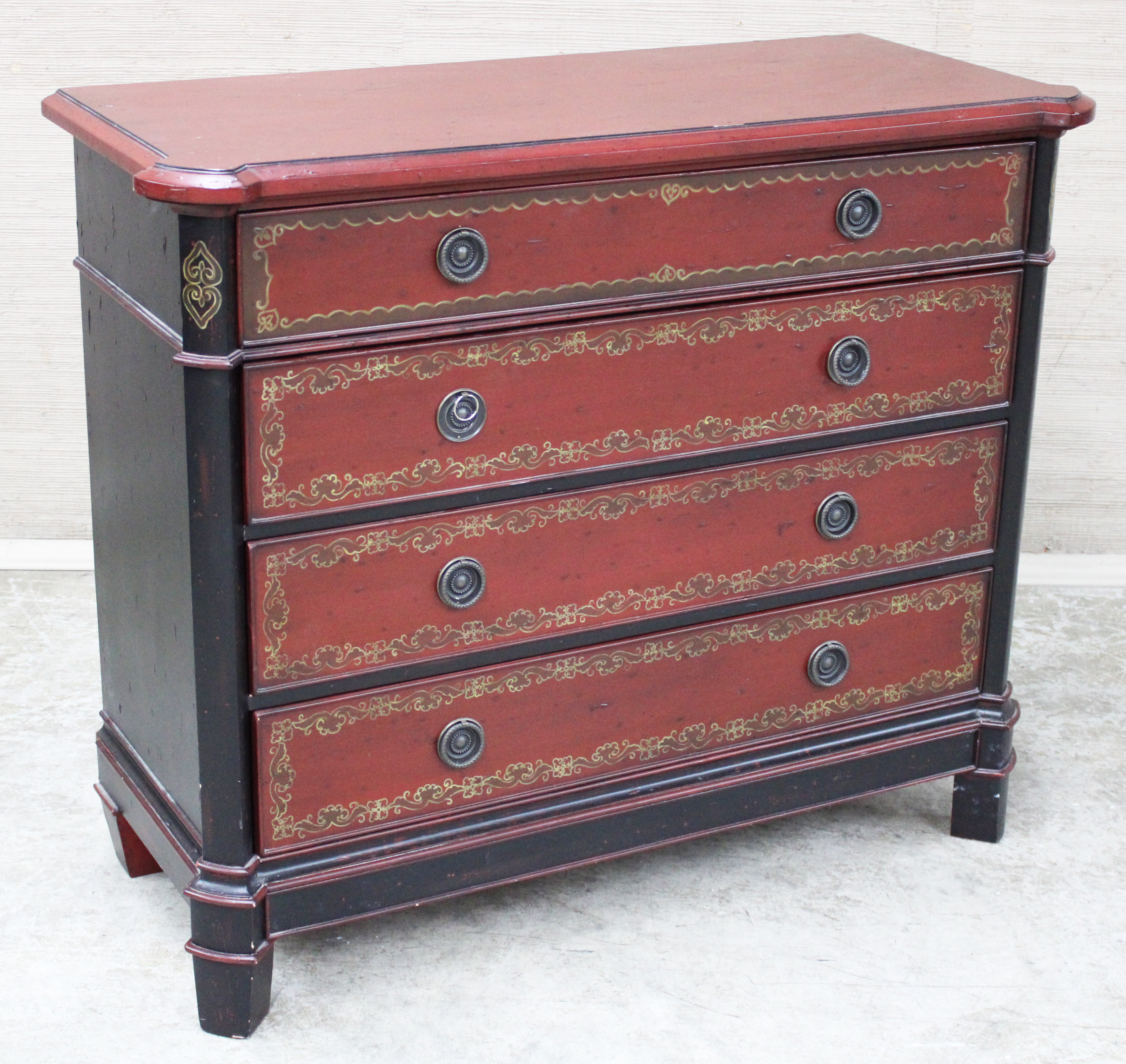 Appraisal: LACQUER ACCENT CHEST Black and red lacquered four drawer accent