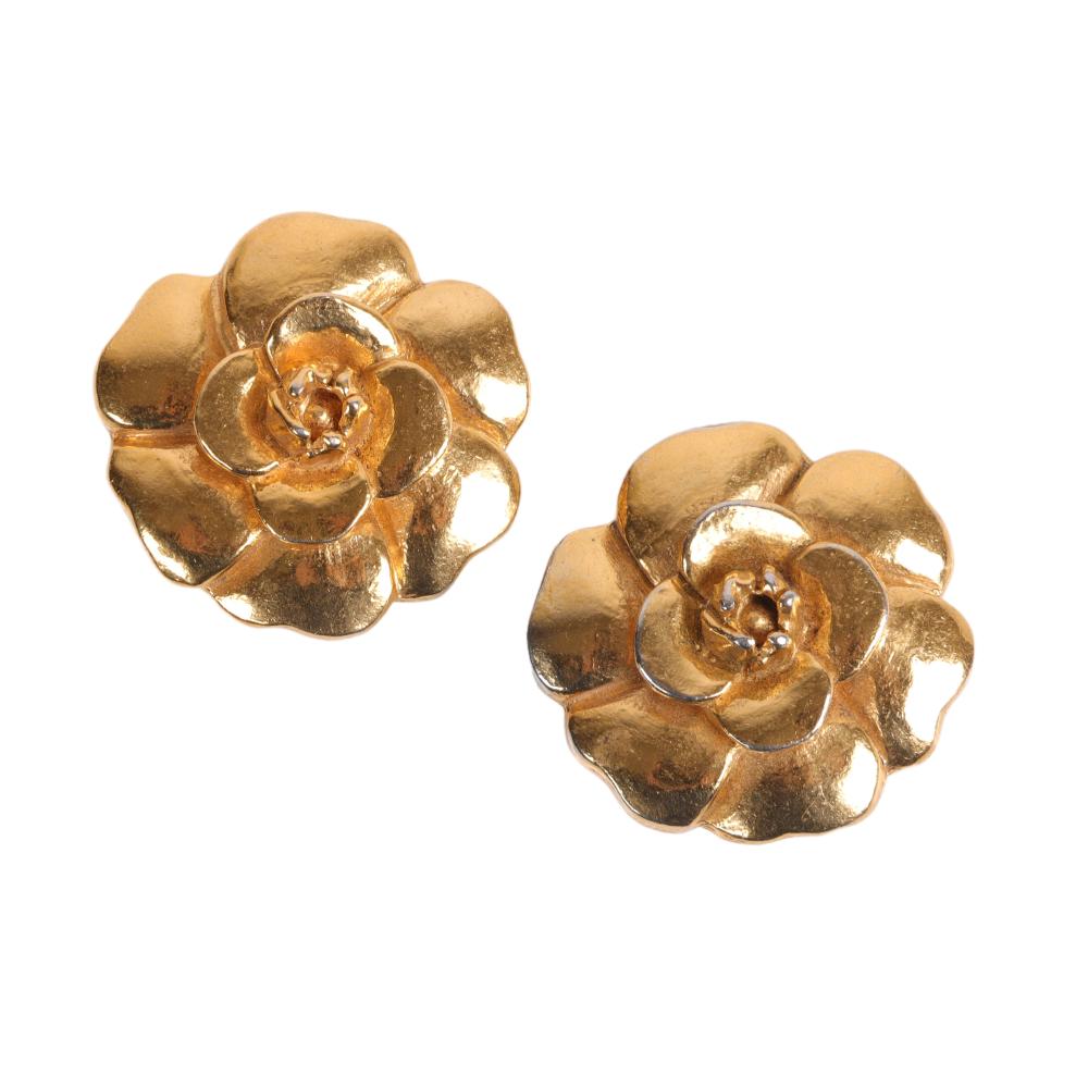 Appraisal: CHANEL DESIGNER GOLD TONE CAMELLIA FLOWER EARRINGS WITH DIMENSIONAL LAYERED