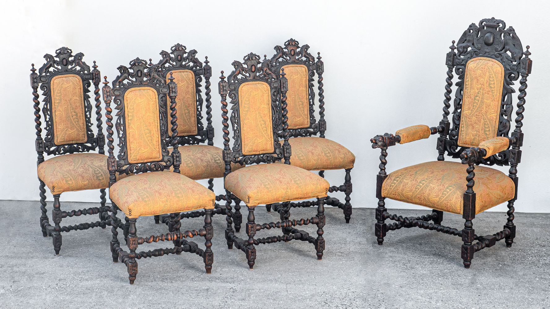 Appraisal: CAROLEAN STYLE HIGHLY CARVED OAK CHAIRS Comprising - side chairs