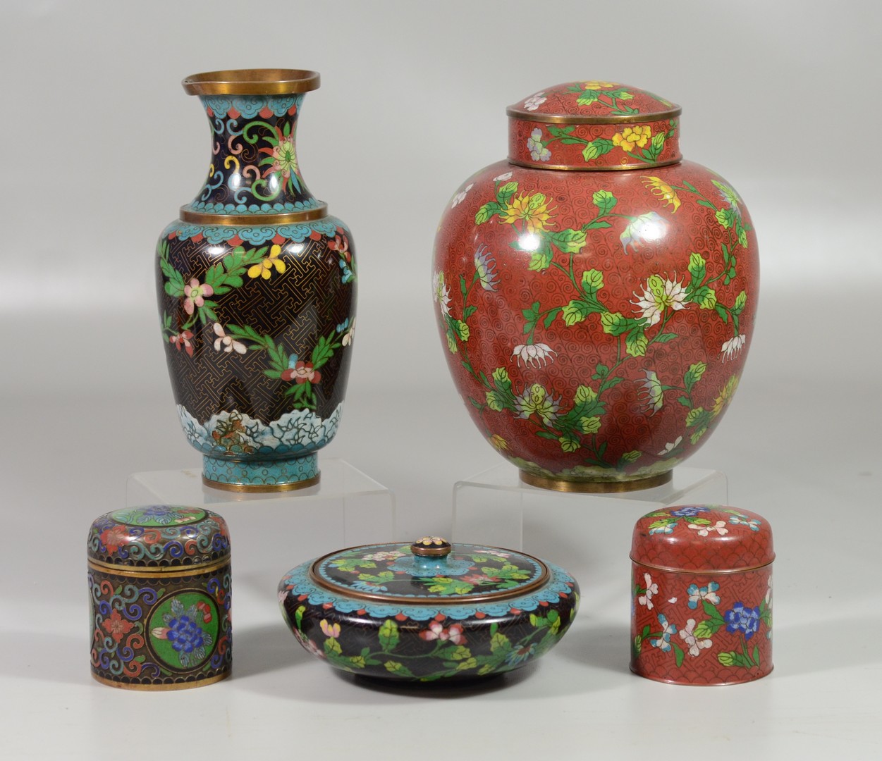 Appraisal: Pieces Chinese Cloisonn to include ginger jar vase boxes circular