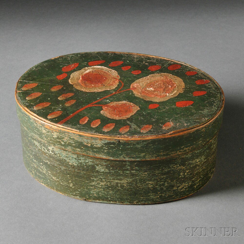 Appraisal: Paint-decorated Small Oval Covered Box Leverett Massachusetts c lapped-seam constructed