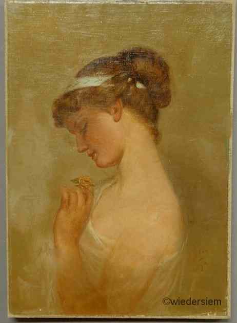 Appraisal: Oil on canvas portrait of a young woman holding a