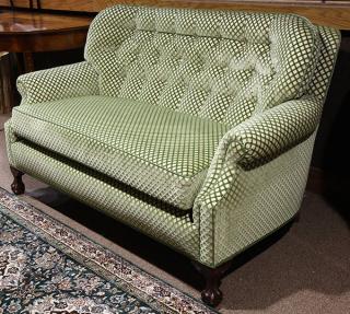 Appraisal: Custom upholstered settee Custom upholstered settee th century executed in