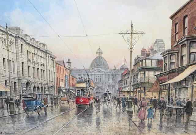 Appraisal: JOHN L CHAPMANA busy street scene with tram signed watercolour