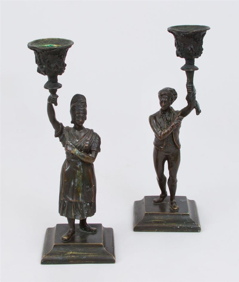 Appraisal: PAIR OF CONTINENTAL BRONZE CANDLESTICKS in and in Condition Both