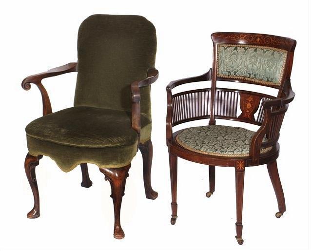 Appraisal: AN EDWARDIAN MAHOGANY AND INLAID TUB SHAPED ELBOW CHAIR with