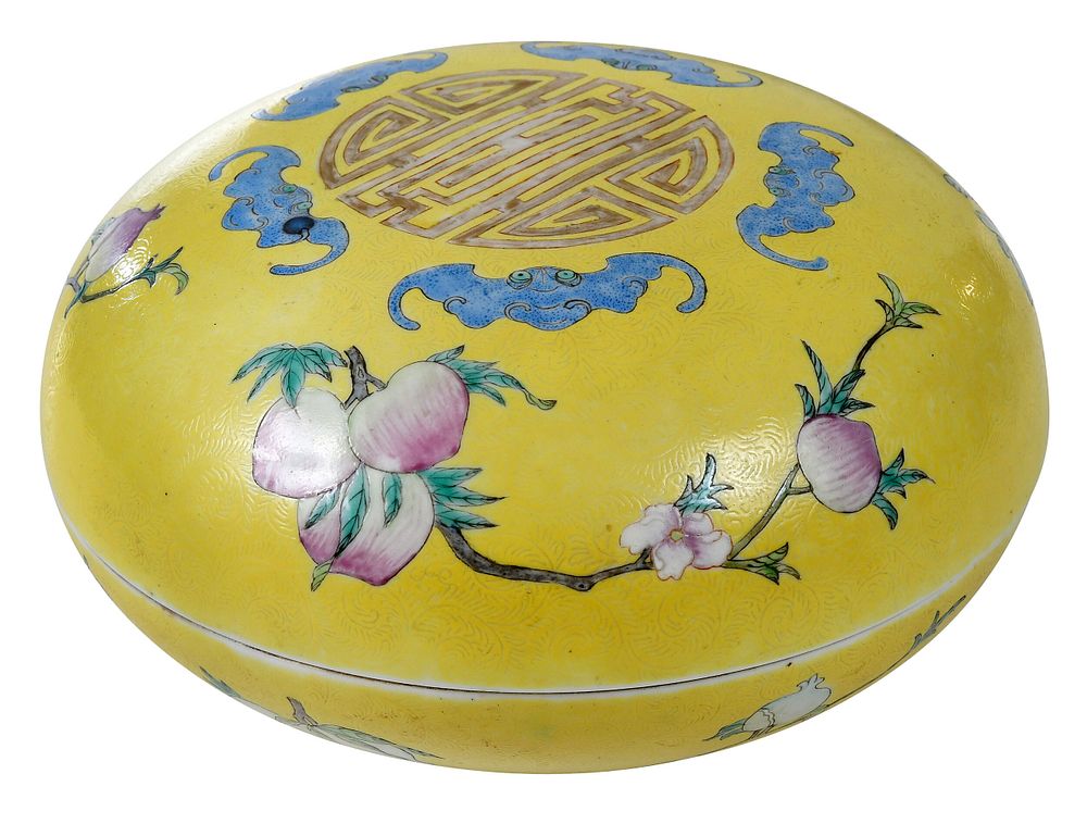 Appraisal: Chinese Yellow Ground Porcelain Box and Cover blue reign mark