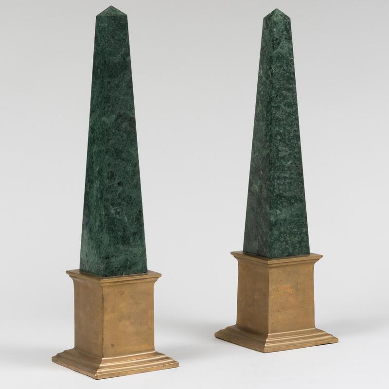 Appraisal: Pair of Brass-Mounted Verde Antico Marble Obelisks x x in