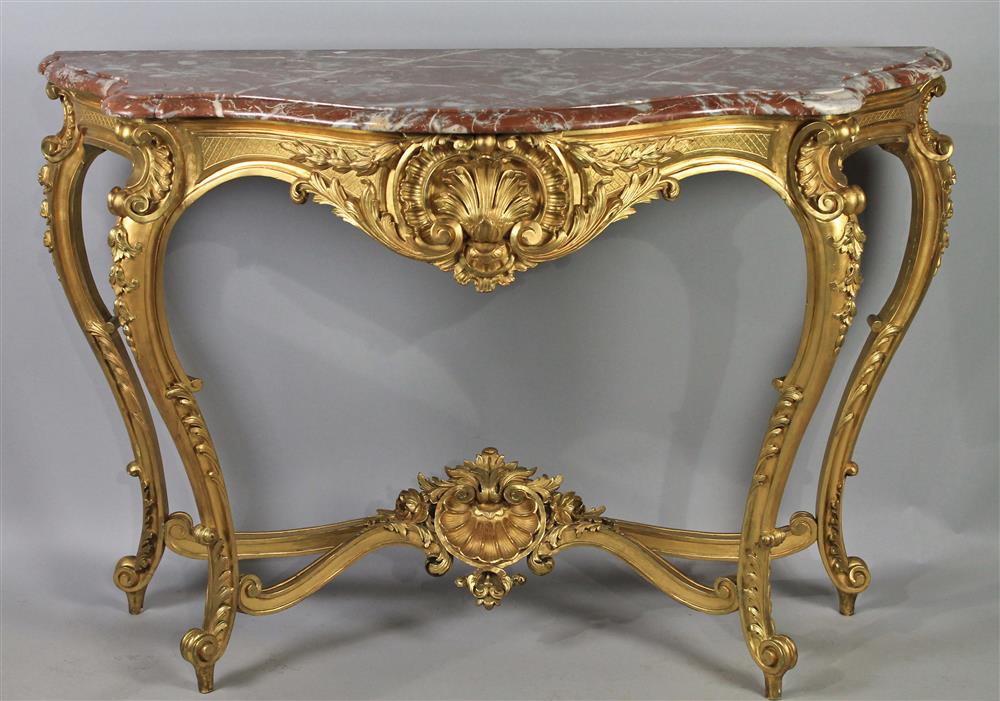 Appraisal: LOUIS XV STYLE CARVED GILT AND MARBLE CONSOLE TABLE late