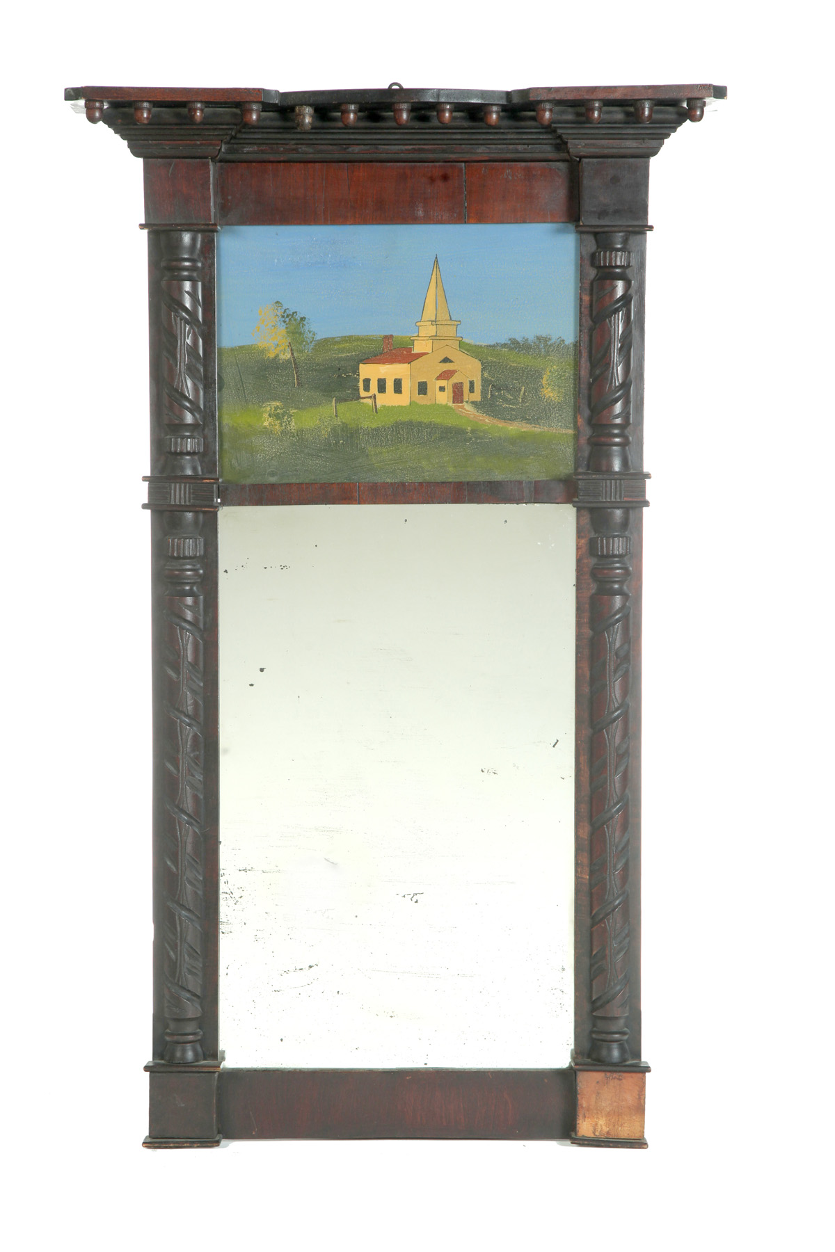 Appraisal: AMERICAN REVERSE PAINTED MIRROR Mid th century mahogany veneer Applied