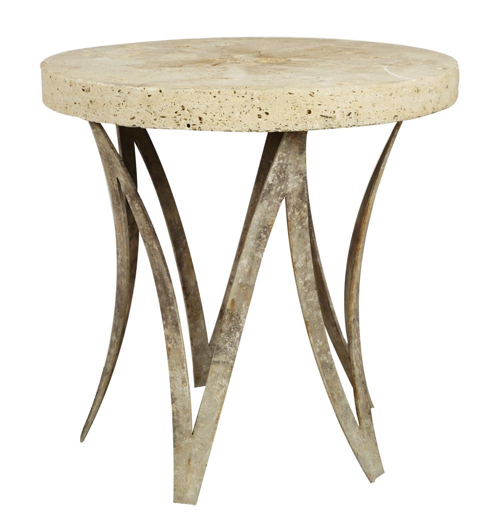 Appraisal: CONTEMPORARY METAL STONE TABLEthe round top with fossil-like motifs Condition