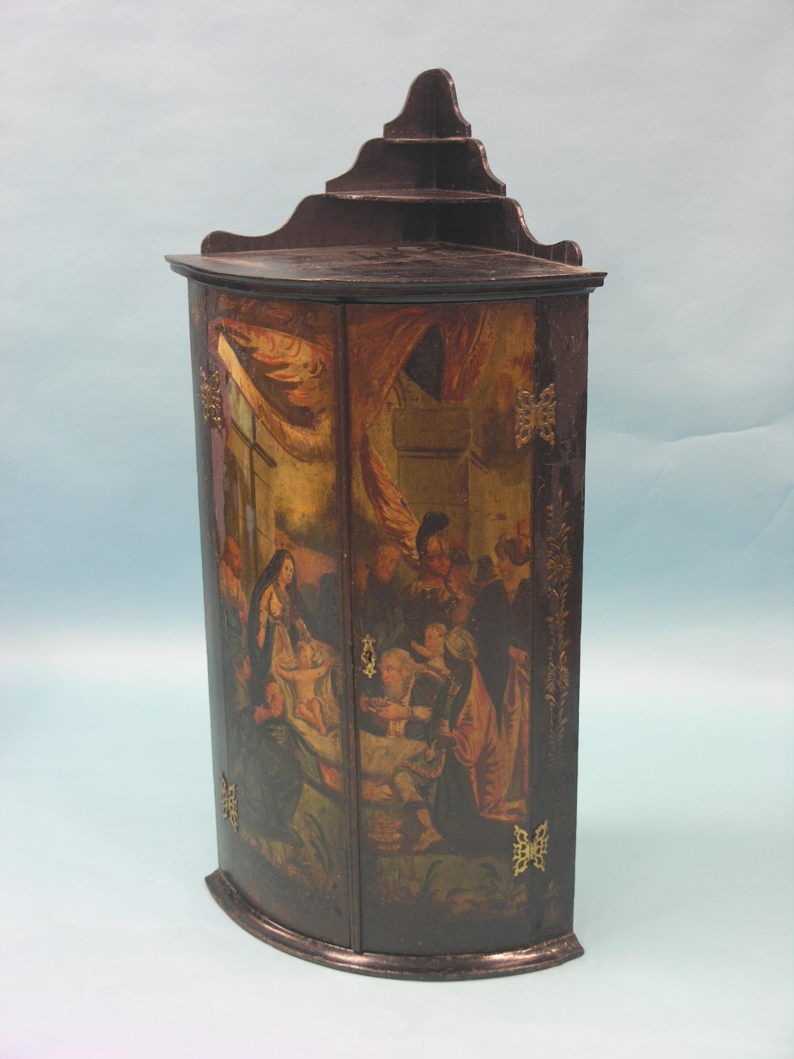 Appraisal: An early th century painted wood corner cupboard pair of