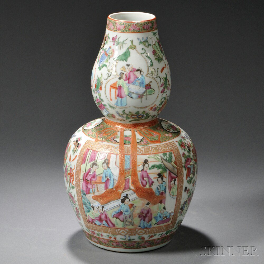 Appraisal: Rose Medallion Gourd Vase China with double cartouches depicting ladies