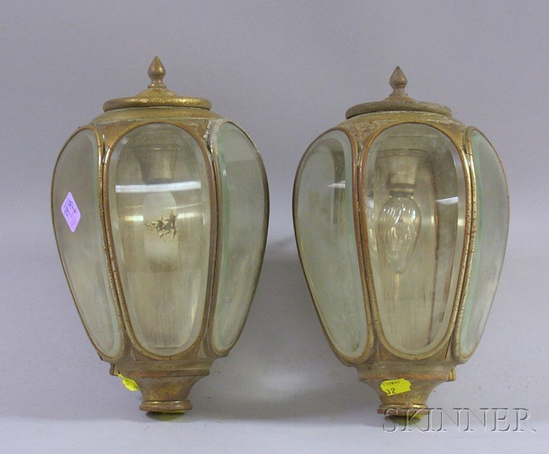 Appraisal: Pair of Brass Plated Carriage Lanterns with Beveled Glass Panels