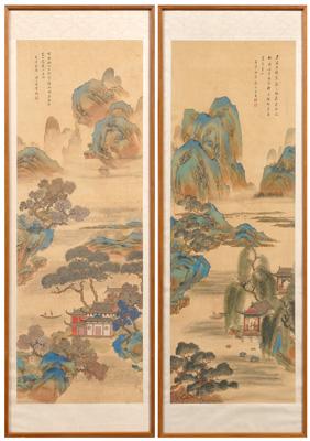 Appraisal: Two Chinese wall scrolls ink and color on silk pavilions