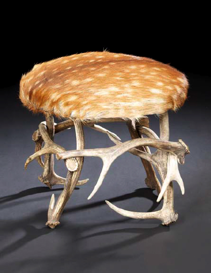 Appraisal: Continental Jaeger-Style Antler and Hide Stool the padded circular top