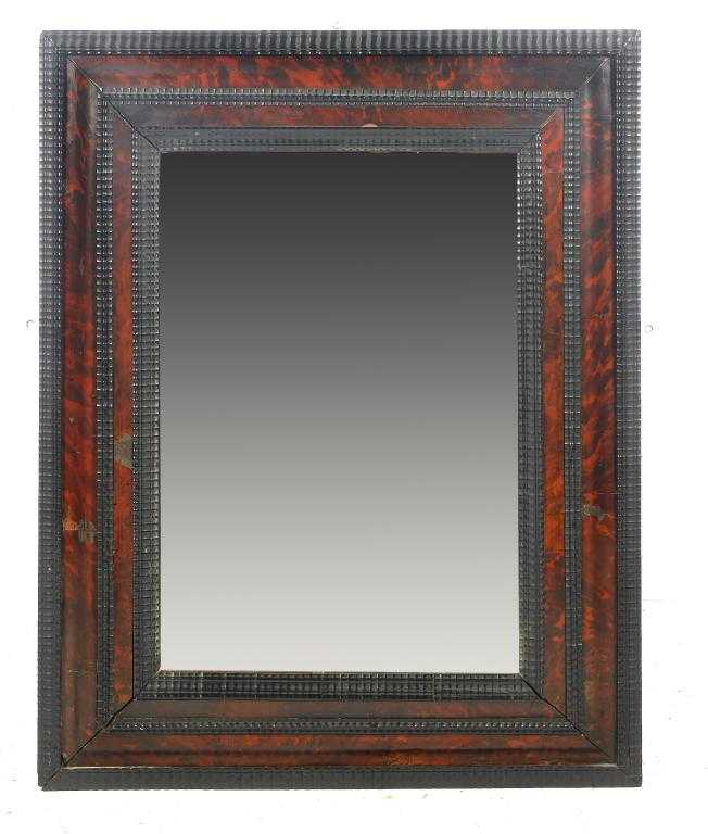 Appraisal: A FLEMISH EBONISED AND RED STAINED SHELL MIRROR the unbevelled