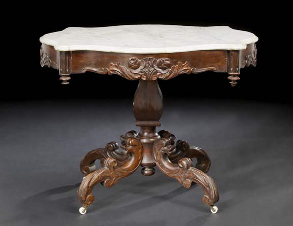 Appraisal: American Rococo Revival Rosewood and Marble-Top Center Table possibly by