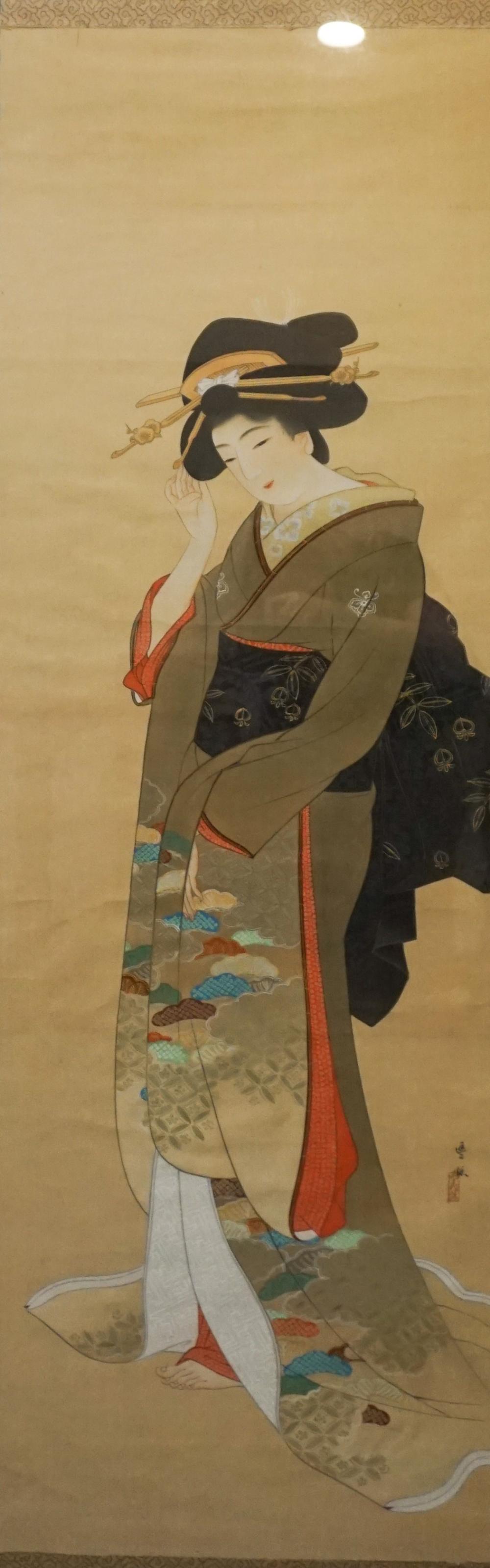 Appraisal: Japanese School Portrait of a Geisha Watercolor on Cloth Frame