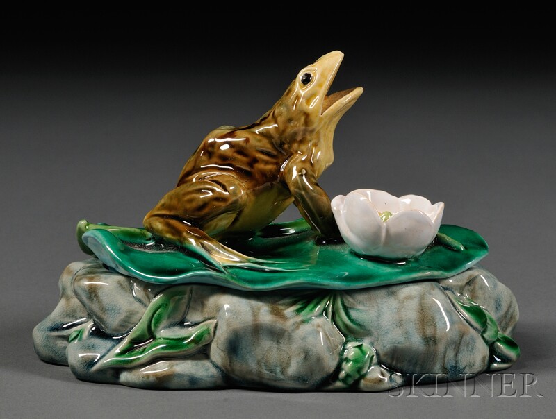 Appraisal: Minton Majolica Frog Dish and Cover England lid modeled as