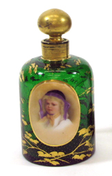 Appraisal: MOSER GLASSWORKS GREEN GLASS PERFUME BOTTLE having a hand painted