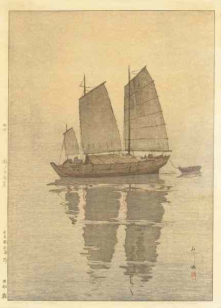 Appraisal: Hiroshi Yoshida Sailing Boats-Mist Woodcut Japanese - slightly tinted earth-tones