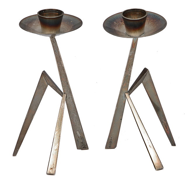 Appraisal: A PAIR OF SILVER MANTIS CANDLESTICKS with circular drip pan