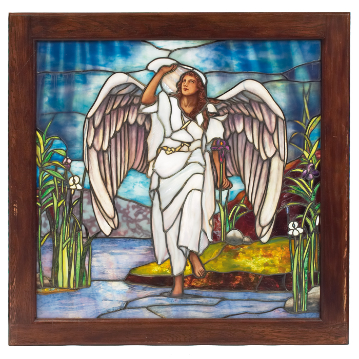 Appraisal: In the manner of Tiffany Studios stained glass window ''Angel''motif