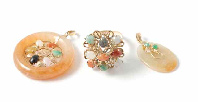 Appraisal: THREE ARTICLES OF MULTI-COLOR JADE JEWELRY including two Chinese pendants