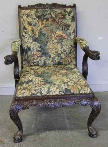 Appraisal: Irish Style Carved and Upholstered Arm Chair Nice quality reproduction