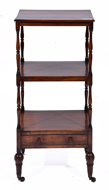 Appraisal: A REGENCY ROSEWOOD THREE TIER WHATNOT with slender baluster turned