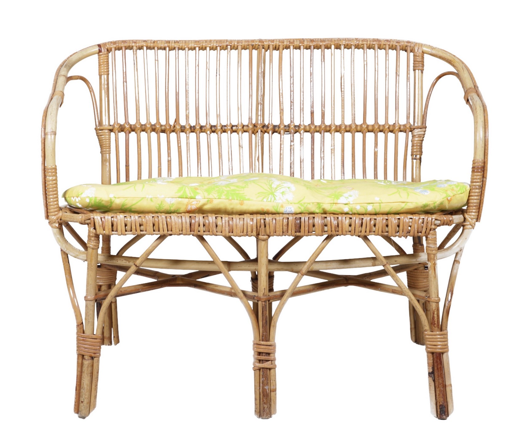 Appraisal: Bamboo and Rattan settee with floral upholstered cushion - h