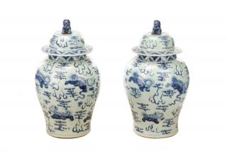 Appraisal: Pair of Large Chinese Blue White Temple Jars Chinese th