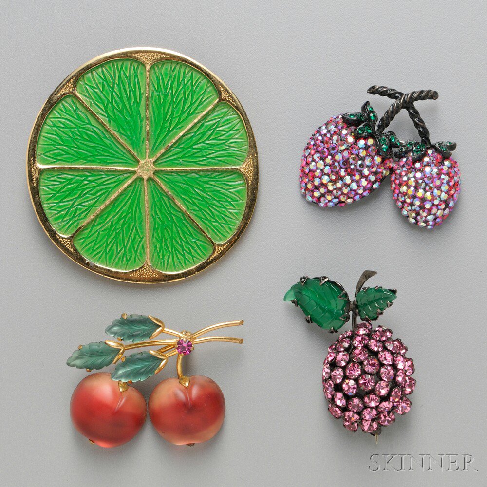 Appraisal: Four Large Fruit Costume Brooches a Weiss aurora borealis strawberry