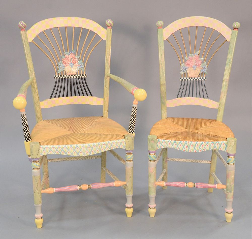 Appraisal: Five hand painted Mackenzie Childs Light Flower Basket chairs with