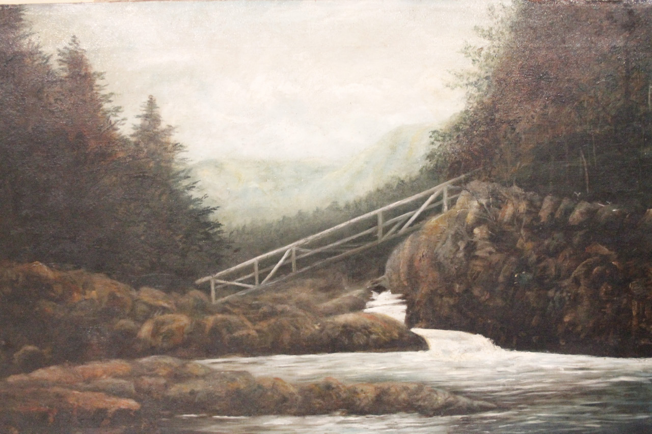 Appraisal: thC School Stream before bridge trees and hills oil on