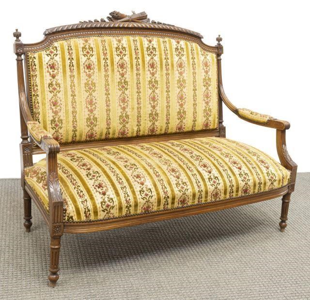 Appraisal: French Louis XVI style carved walnut salon sofa early th