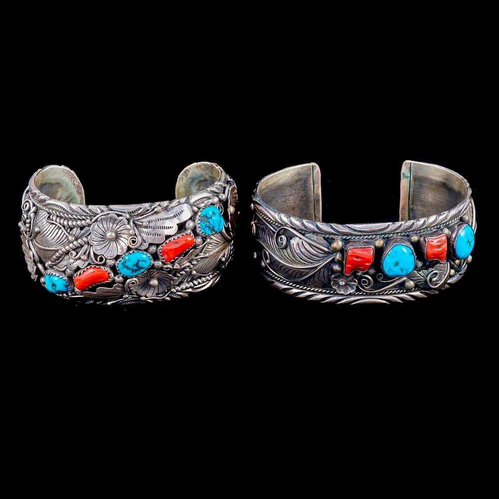 Appraisal: NAVAJO CUFF BRACELETS Two old pawn turquoise coral and silver