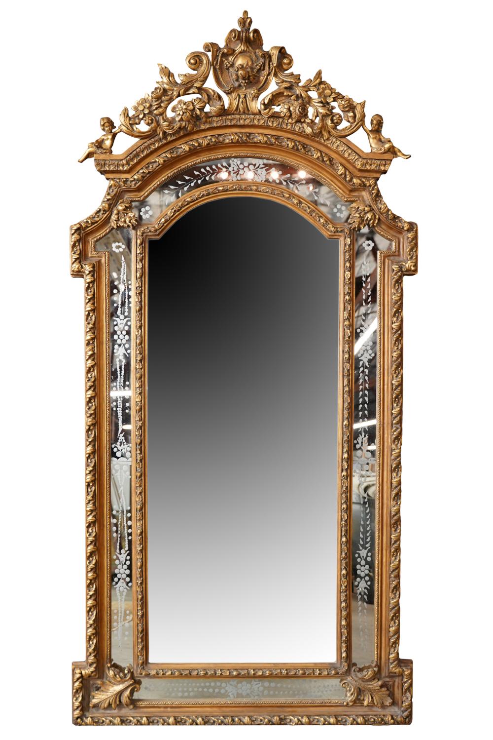 Appraisal: NEOCLASSIC STYLE GILTWOOD ETCHED GLASS WALL MIRROR th century x