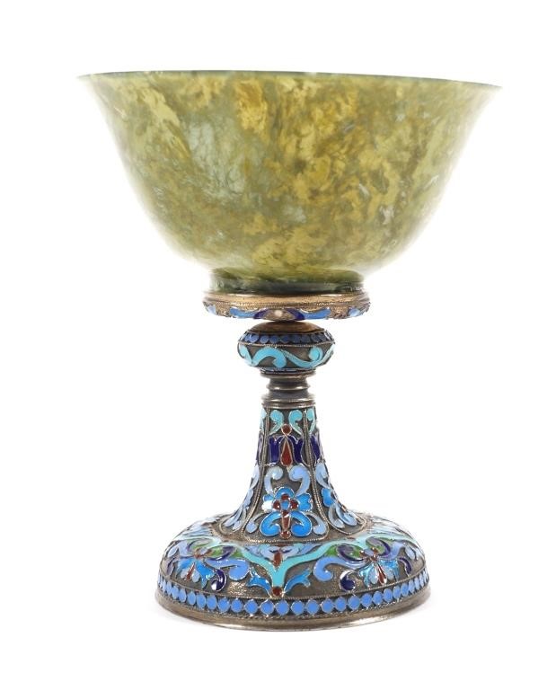 Appraisal: Spinach jade bowl affixed to an ornate dated Gustav Klingert