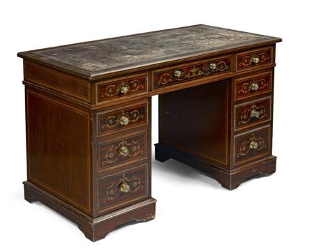 Appraisal: EDWARDIAN MAHOGANY AND MARQUETRY PEDESTAL DESK BY EDWARDS ROBERTS CIRCA