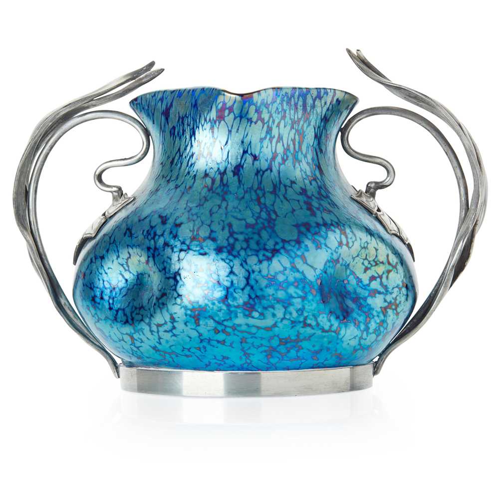 Appraisal: LOETZ AUSTRIA JUGENDSTIL 'PAPILLON' TWIN-HANDLED VASE CIRCA iridescent glass pewter