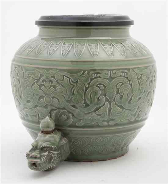 Appraisal: A Chinese Celadon Glazed Vessel the globular vessel decorated with