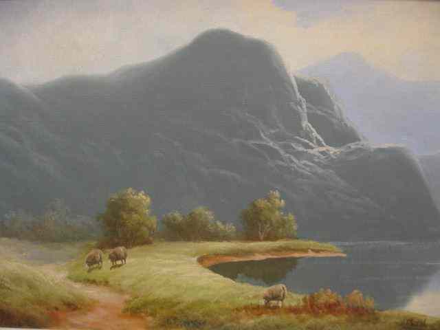 Appraisal: J Morel Oil Sheep Along a Lakein mountinous region on