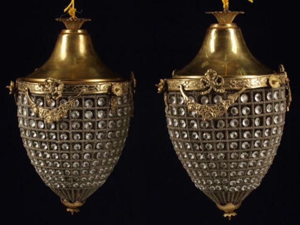 Appraisal: pair Neoclassical style bronze dore and crystal hanging lanterns in