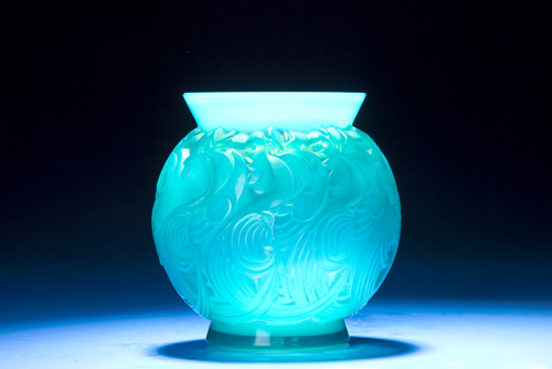 Appraisal: R LALIQUE Vase Le Mans cased opalescent turquoise ca Stenciled